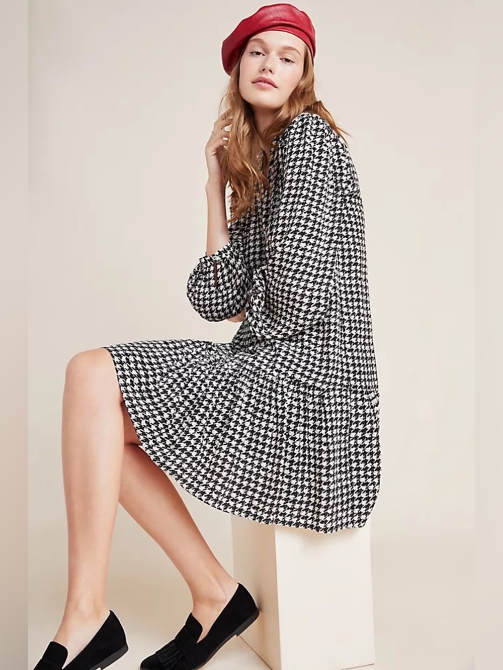 Maeve Black and White Houndstooth Button Front Top xs
